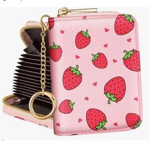 Leather Cardholder Wallets with Keychain Accordion Organizer Strawberry Kawaii